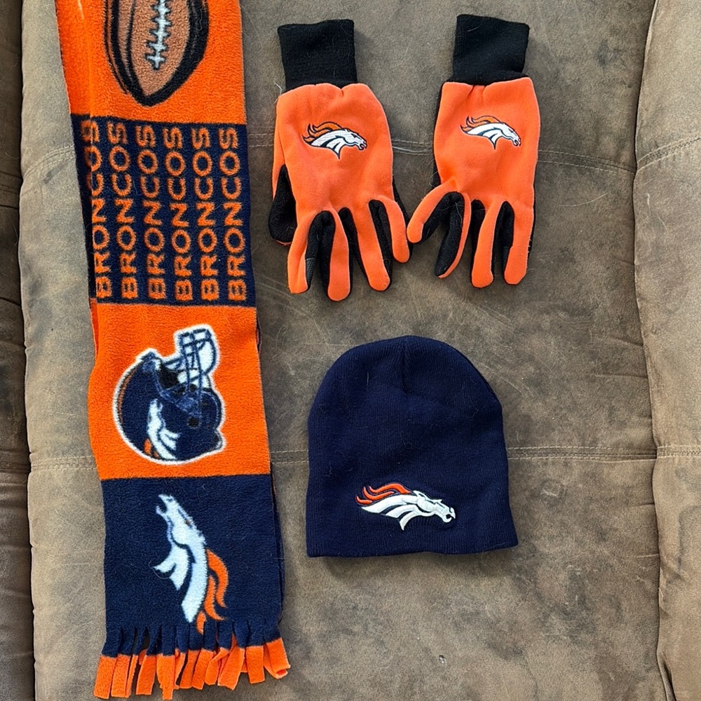 Denver Broncos Scarf, Gloves, and Beanie Set